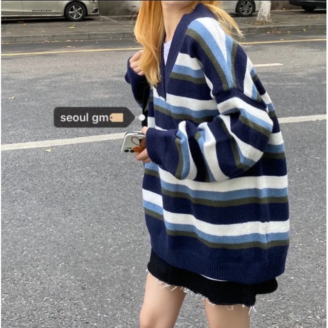 Áo Len Tay Dài Dáng Rộng Họa Tiết Kẻ Sọc Phong Cách Hàn Quốc Thời Trang Cho Nữ