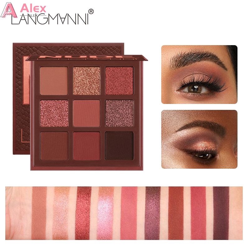 Bảng phấn trang điểm mắt tông nude 9 màu Langmanni Huda ánh ngọc trai mờ lì lâu trôi không dễ phai