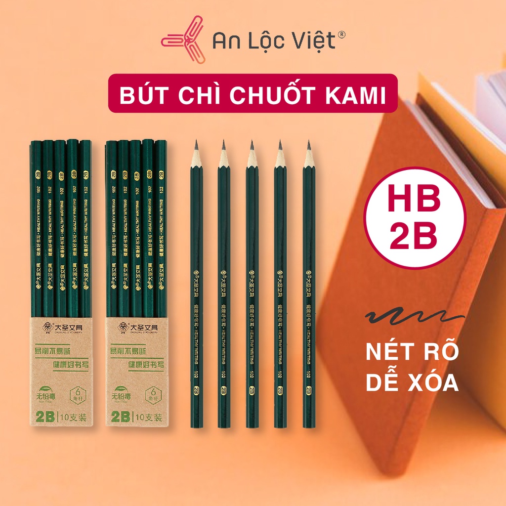 Combo 10 Cây Bút Chì Chuốt Kami HB, 2B Thân Xanh Nét Chì Chắc, Chuốt không gãy ruột chì