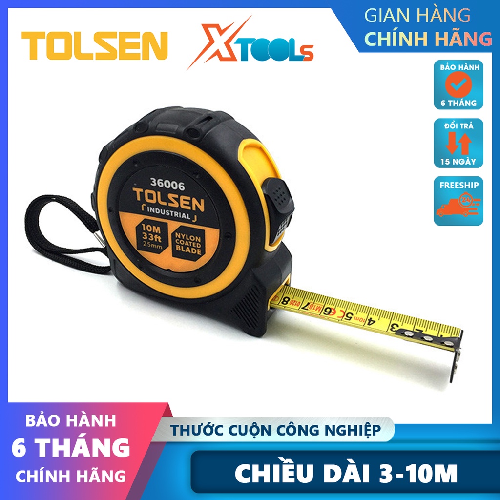 Thước cuộn thép nền vàng công nghiệp TOLSEN 3m-10m, thước dây cuốn tự động chất liệu ABS cứng chắc [CHÍNH HÃNG][XTOOLS]