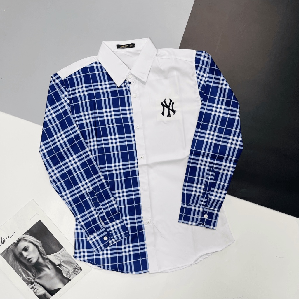 Áo Sơ Mi Nam Tay Dài Logo Thêu Sang Trọng Phối Nửa Sọc Caro Vải Lụa Cao Cấp Mềm Mịn Phong Cách Thời Trang Hot Trend Mới