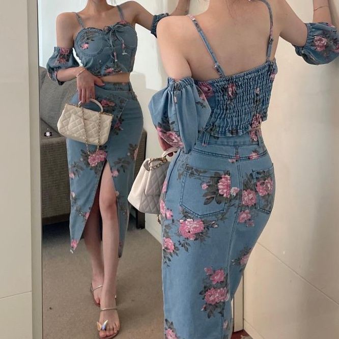 [M &amp; E] Set Áo Hai Dây Denim Hoa + Chân Váy Xẻ Tà Dài Trung Bình Phong Cách Retro Cho Nữ