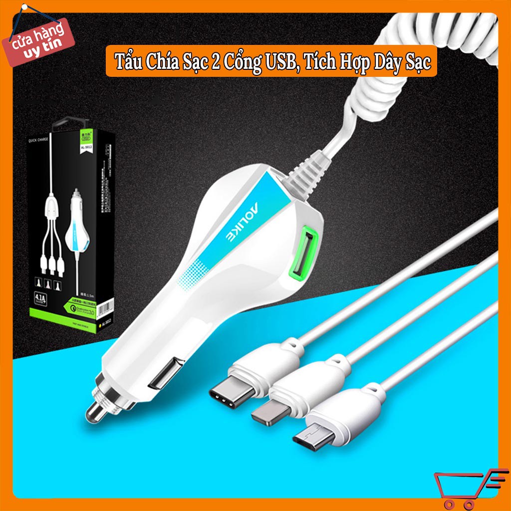 Bộ Chia Tẩu Sạc Ô Tô - Tích Hợp Dây Sạc Điện Thoại, Có Cổng Sạc Nhanh QC3.0 VERSION3