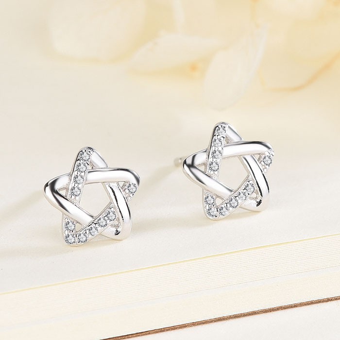 Bông tai nữ hình ngôi sao 5 cánh đính đá, hợp kim mạ bạc xinh xắn, dễ thương