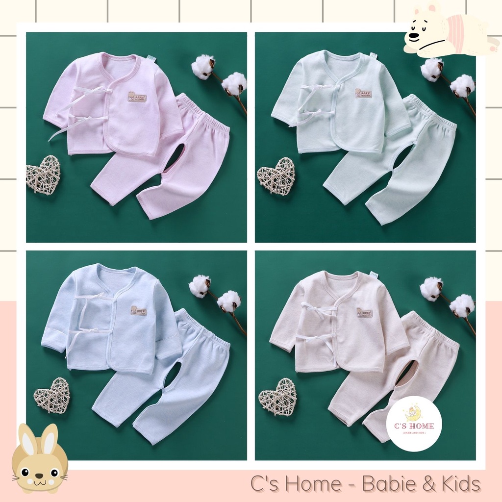 Bộ quần áo sơ sinh dài tay KISS BEE cao cấp thiết kế buộc dây áo, quần hở đũng, chất cotton cho bé từ 0 - 3 tháng