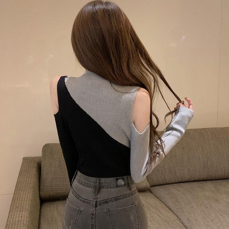 Áo Dệt Kim Tay Dài Hở Vai Phối Màu Tương Phản Thời Trang Hàn Quốc