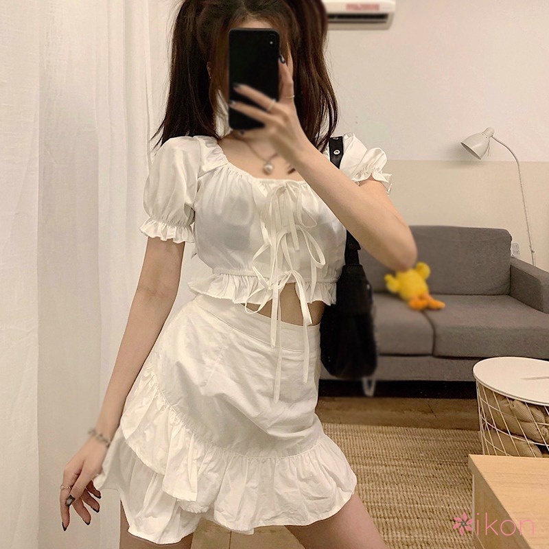 Set Áo Croptop Phối Bèo + Chân Váy Lưng Cao Thời Trang Cho Nữ