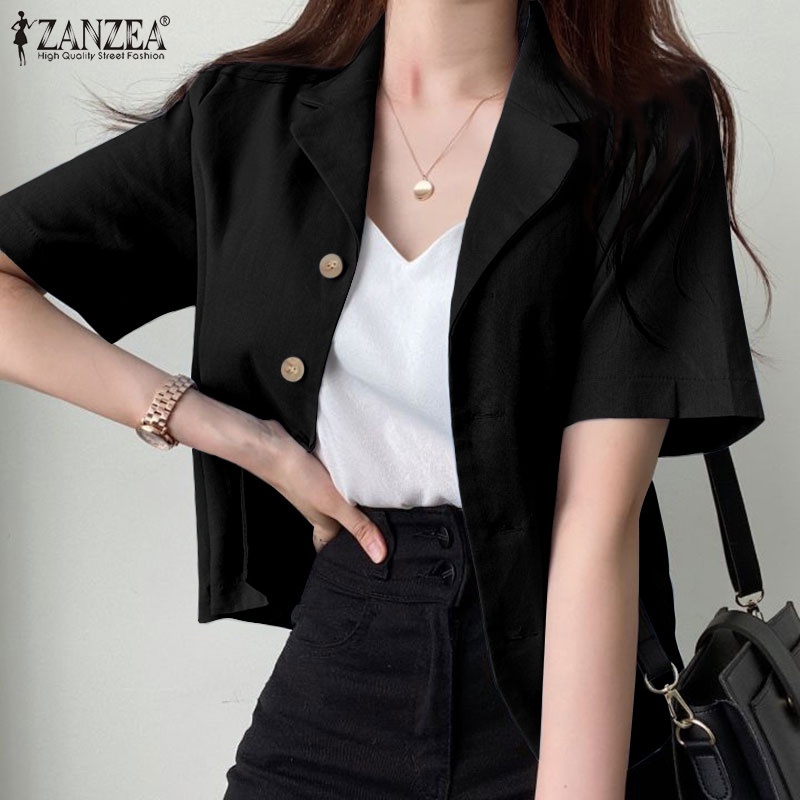 Áo khoác blazer ZANZEA tay ngắn cổ bẻ màu trơn cài khuy kiểu Hàn Quốc thời trang cho bạn gái