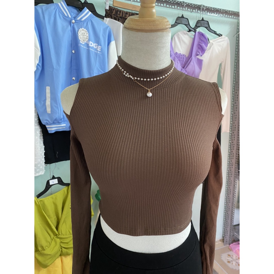 Áo croptop nữ hở vai tay dài 4 màu chất thun gân-ringu shop