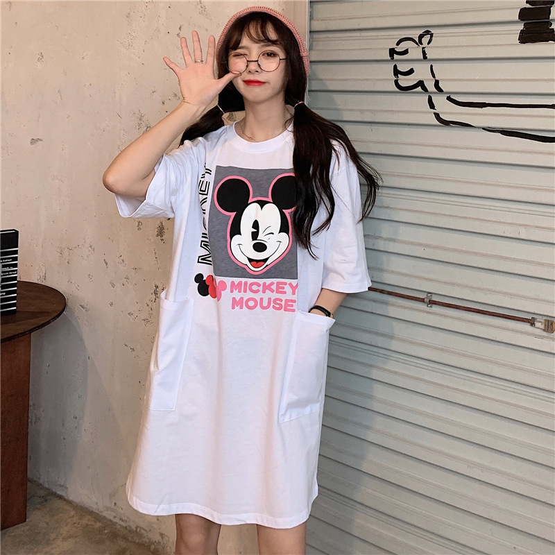 Đầm thun tay ngắn cổ tròn dáng rộng in họa tiết chuột Mickey thời trang Hàn Quốc trẻ trung cho nữ