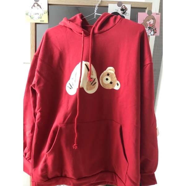 Áo nỉ hoodie tay dài có mũ, áo sweater tay dài in gấu 2 màu đỏ đô, kem