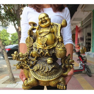 Tượng phật Di Lặc gánh tiền cưỡi long quy bằng đồng thau phong thủy Hồng Thắng
