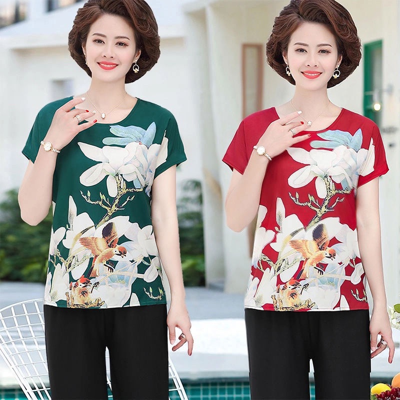 Áo thun tay ngắn dáng rộng in họa tiết thời trang mùa hè cho phụ nữ trung niên