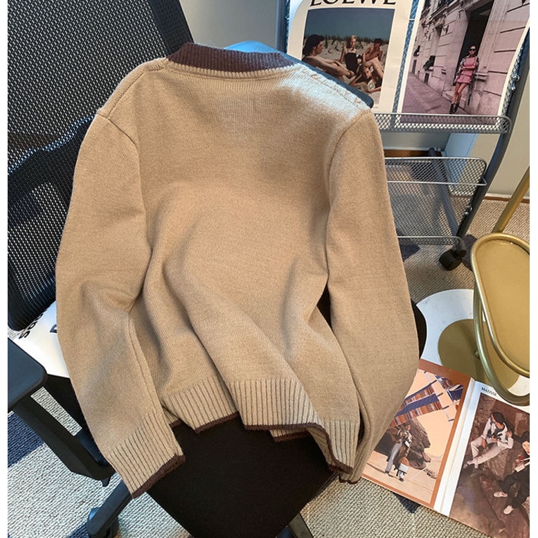 Áo Khoác cardigan Dệt Kim Cổ Chữ v Dáng Rộng Màu Sắc retro Dành Cho Nữ