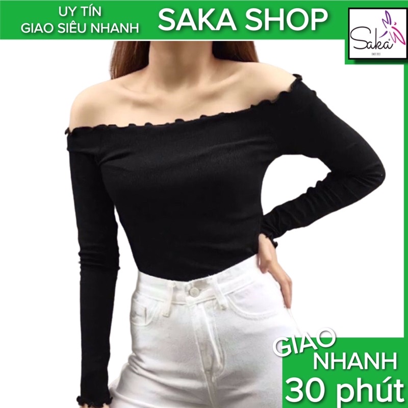 Áo croptop nữ trễ vai tay dài cuốn biên nhiều màu