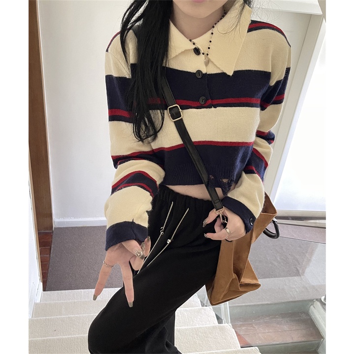 ZHELIHANGFEI Áo thun dáng ngắn tay dài kẻ sọc ngang thời trang cho nữ