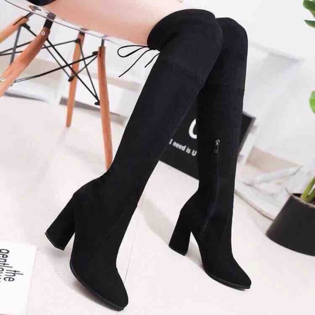 Boot Đùi 7 Phân Bốt Đùi Da Lộn Gót Vuông Đế Bằng Boot Da Lì Lót Lông Có Khoá Cạnh Và Không Khóa