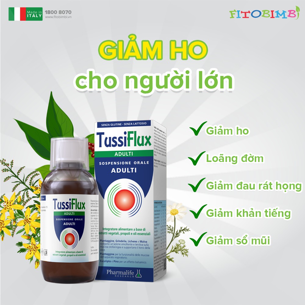 Fitobimbi Tussiflux Adulti, giúp giảm các triệu chứng ho, ho có đờm, làm dịu họng, mát họng (200ml)
