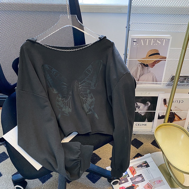 Áo Sweater Cổ Chữ V In Họa Tiết Bướm Xinh Xắn Theo Phong Cách Mùa Thu Retro Dành Cho Nữ