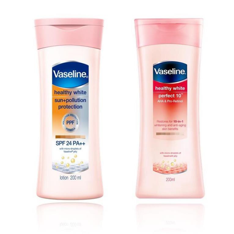 Combo Sữa dưỡng thể chống nắng Vaseline SPF 24 (Ngày) 200ml và chống lão hóa Vaseline Perfect 10 (Đêm) 200ml