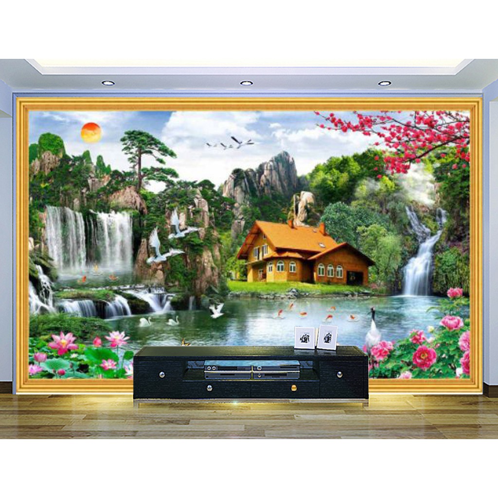 Tranh dán tường thác nước - Vải lụa phủ kim sa
