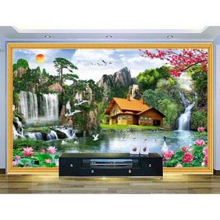 Tranh dán tường thác nước - Vải lụa phủ kim sa