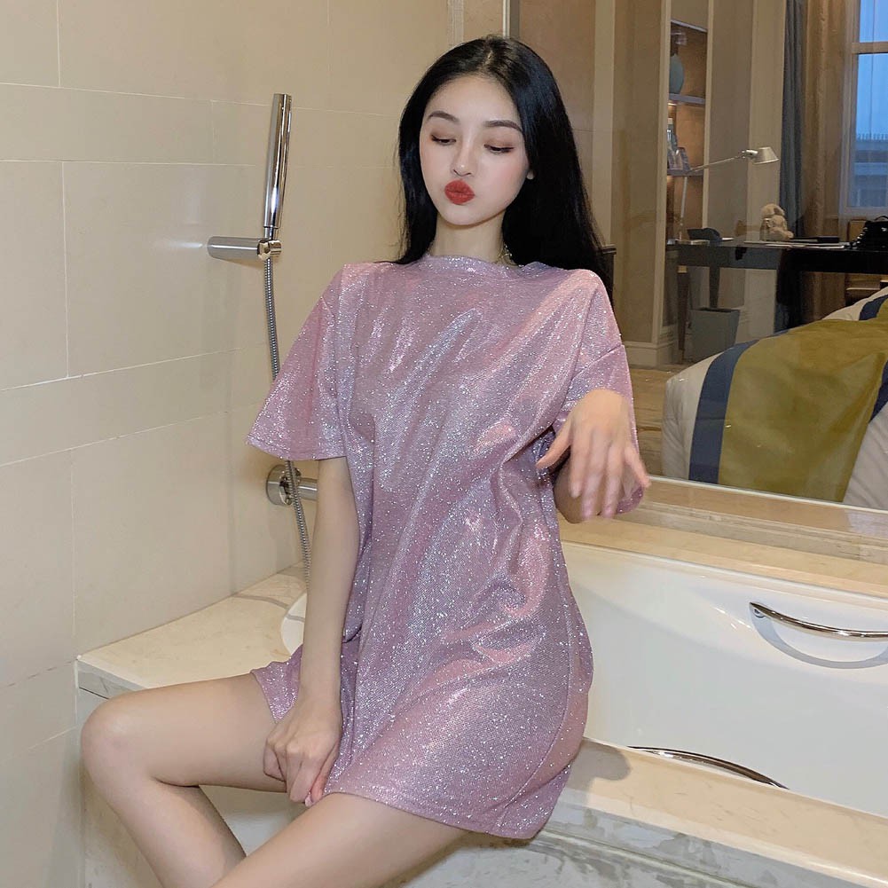 Áo thun cổ tròn tay ngắn lấp lánh thời trang cho nữ