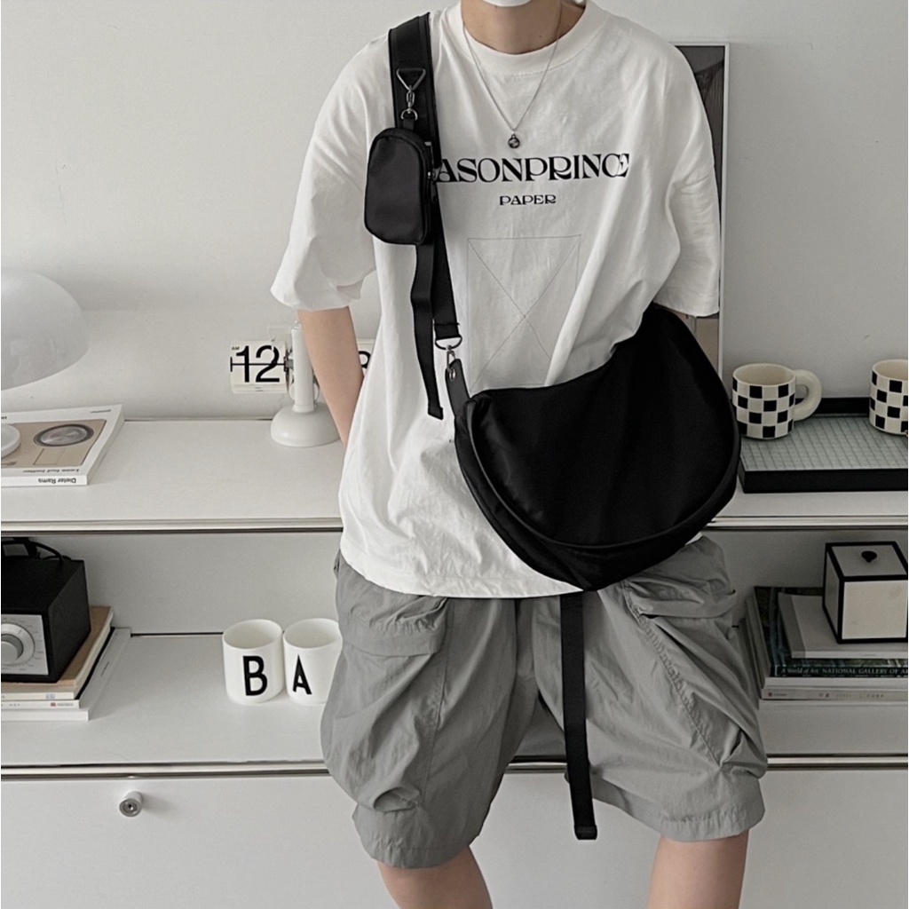 Túi đeo chéo nam giỏ bầu cong tròn to đựng vừa ipad trơn điệu 2 túi to nhỏ giỏ thời trang Hàn Quốc da xịn bóng Mina