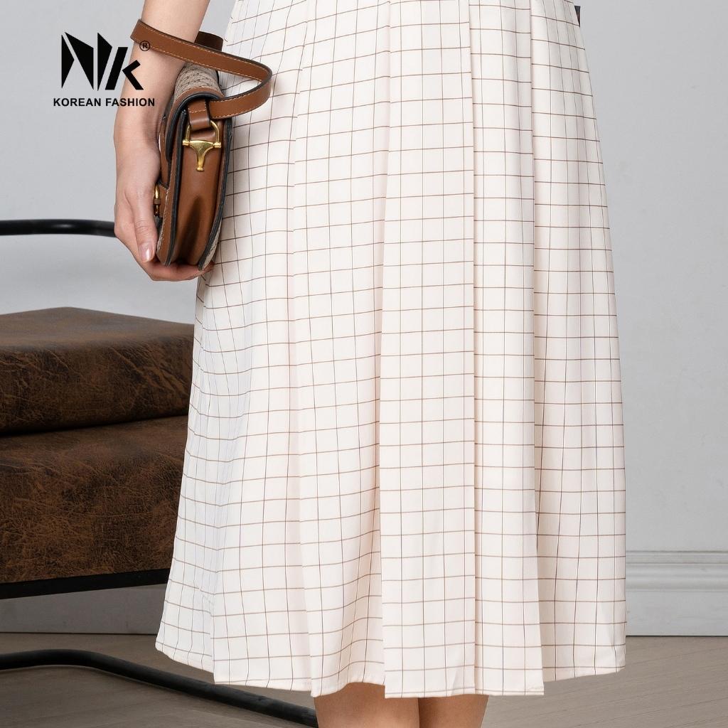 Đầm Họa Tiết Kẻ Nữ NK Fashion Thiết Kế Phong Cách Sang Trọng, Cổ Phối Màu Hiện Đại NKDV2203012
