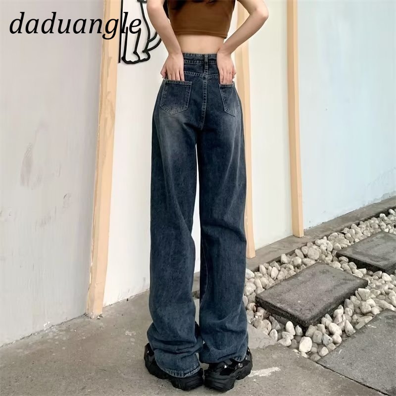 Daduhey Quần jean ống rộng lưng cao có size ngoại cỡ phong cách Mỹ thời trang cho nữ