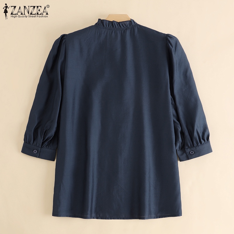 Áo kiểu ZANZEA cổ đứng dáng rộng màu trơn phong cách Hàn Quốc dành cho nữ