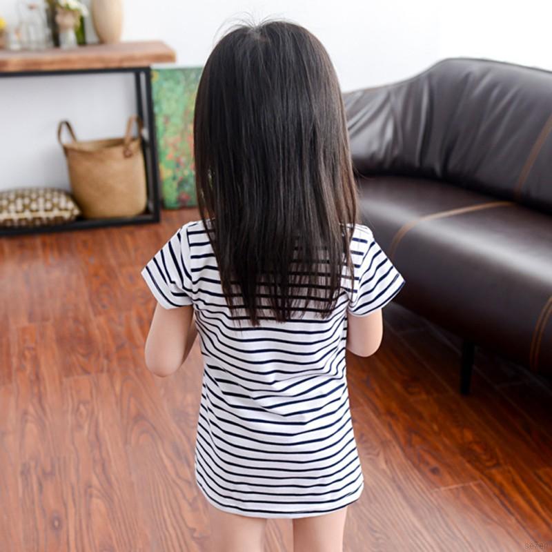 Đầm phối vải denim tay ngắn kẻ sọc họa tiết hoạt hình dành cho bé gái 2-7 tuổi