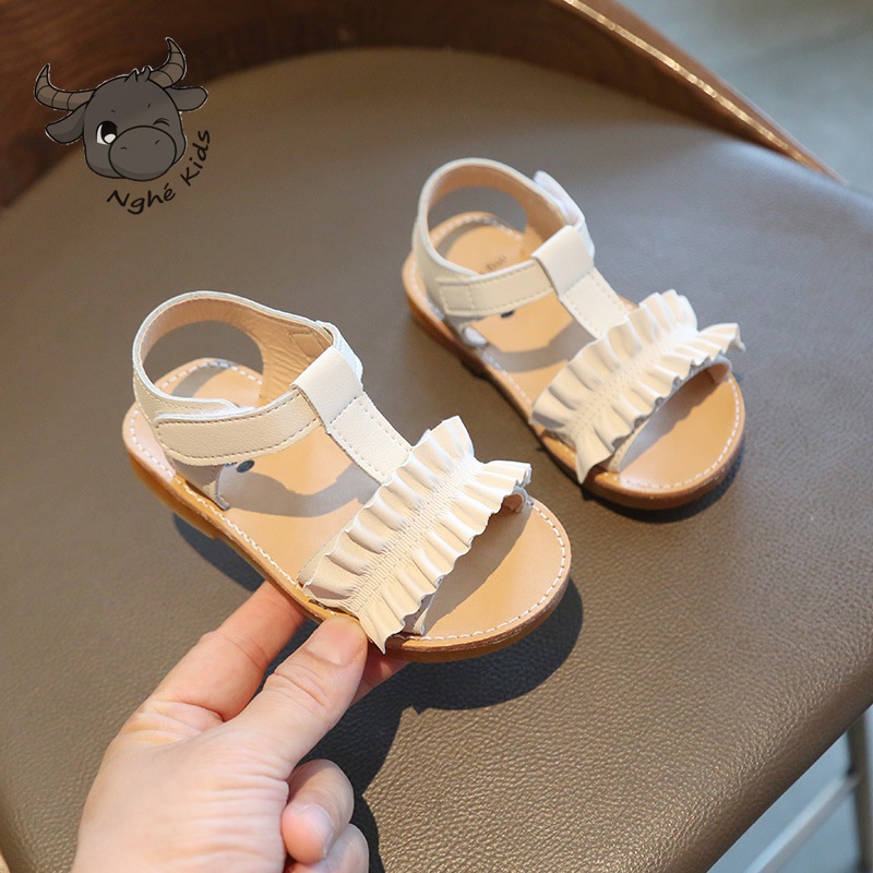 Xăng đan quai ngang gắn viền bèo nhún đế êm da PU mềm mại - Sandal cho bé gái