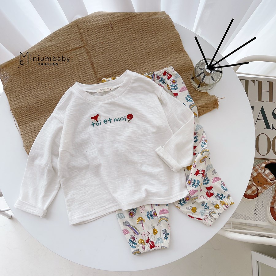 Bộ đồ dài tay quần dài thu đông thêu cáo nấm cho bé gái chất liệu 100% cotton quần áo trẻ em miniumbabyfashion SB1252