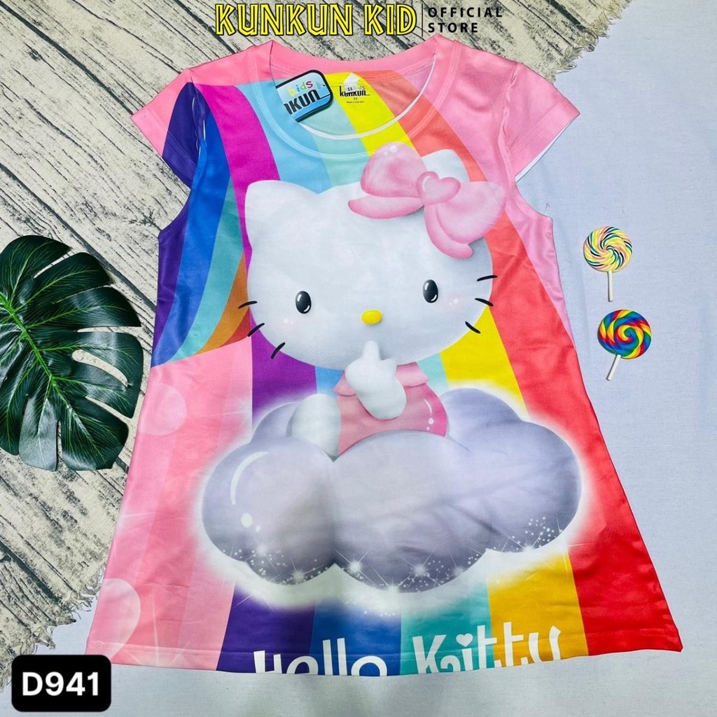 Đầm bé gái thun lạnh in 3d mèo hello kitty Kunkun Kid D941