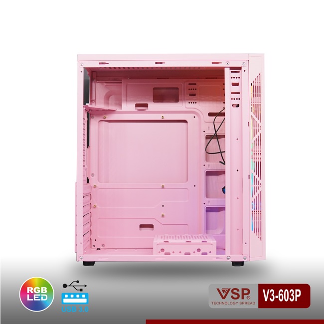 Vỏ case PC thùng máy tính chính hãng VSP V3-603P Pink Dãy LED RGB Hông trong suốt