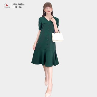 Đầm Nữ NHẬT VY Cổ V Tay Ngắn Đính Cúc Chất Cotton Công Sở Dáng Suông Đuôi Cá Màu Xanh, Đen,Rêu - D1917
