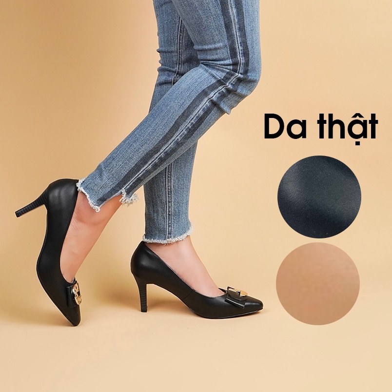 Giày cao gót nữ VNXK 7cm mũi nhọn nơ, giày công sở nữ da thật SS - Kimy Store