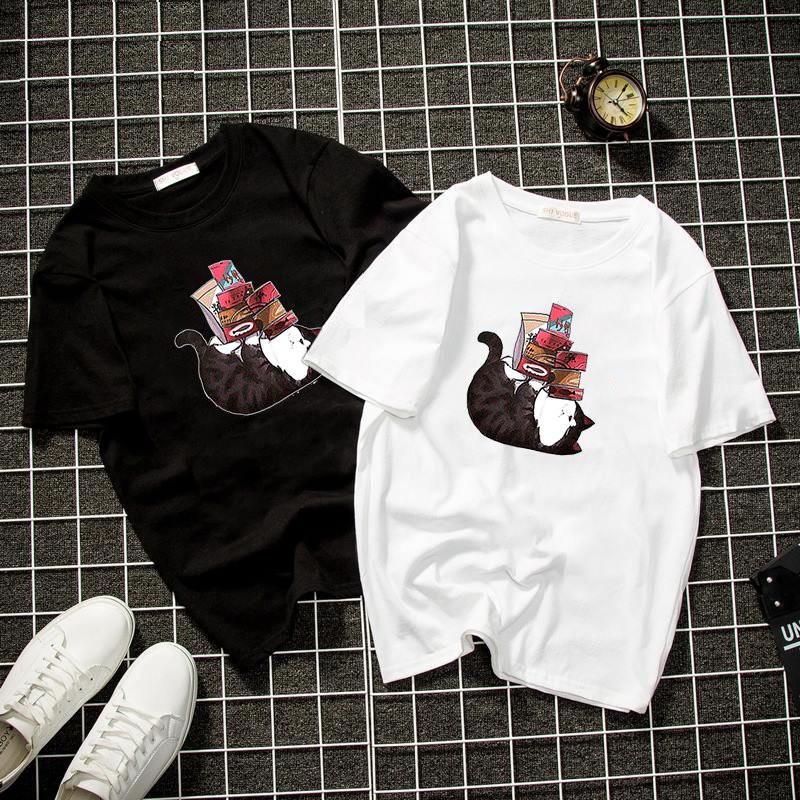 Áo thun form rộng unisex mèo dễ thương vải dày mịn 2019T22030