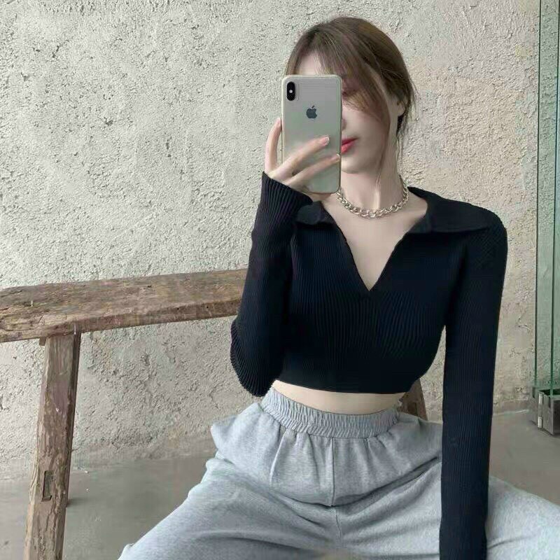 áo kiểu croptop cổ bẻ tay dài hở lưng sexy thun gân mịn