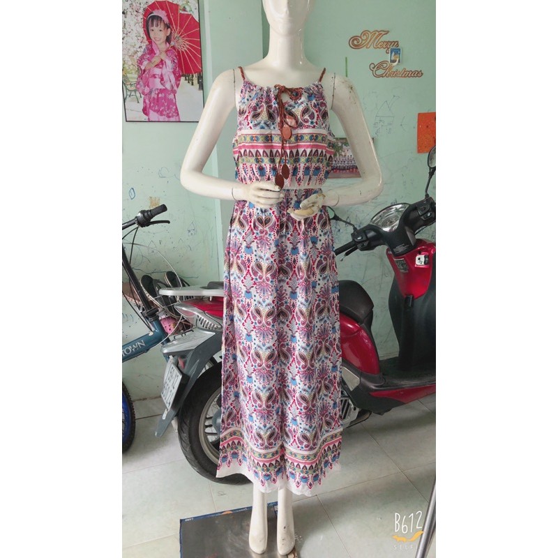 [chọn màu]Đầm maxi lanh lụa yếm cách điệu dây da xinh xắn (47-60ky) | BigBuy360 - bigbuy360.vn