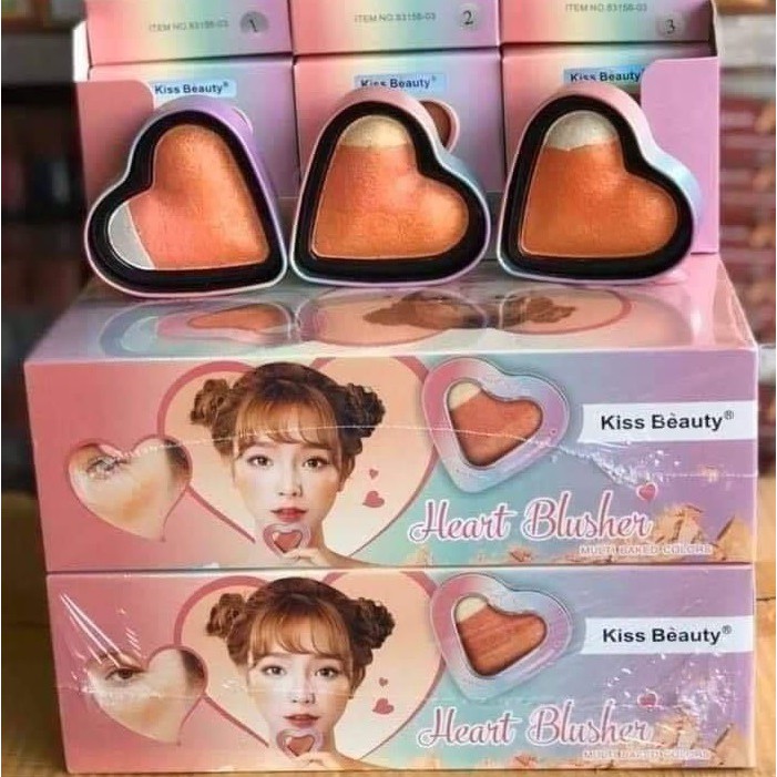 Set 2 in 1 Phấn má hồng + bắt sáng Kiss Beauty Heart Blusher (Hộp thiếc cao cấp)