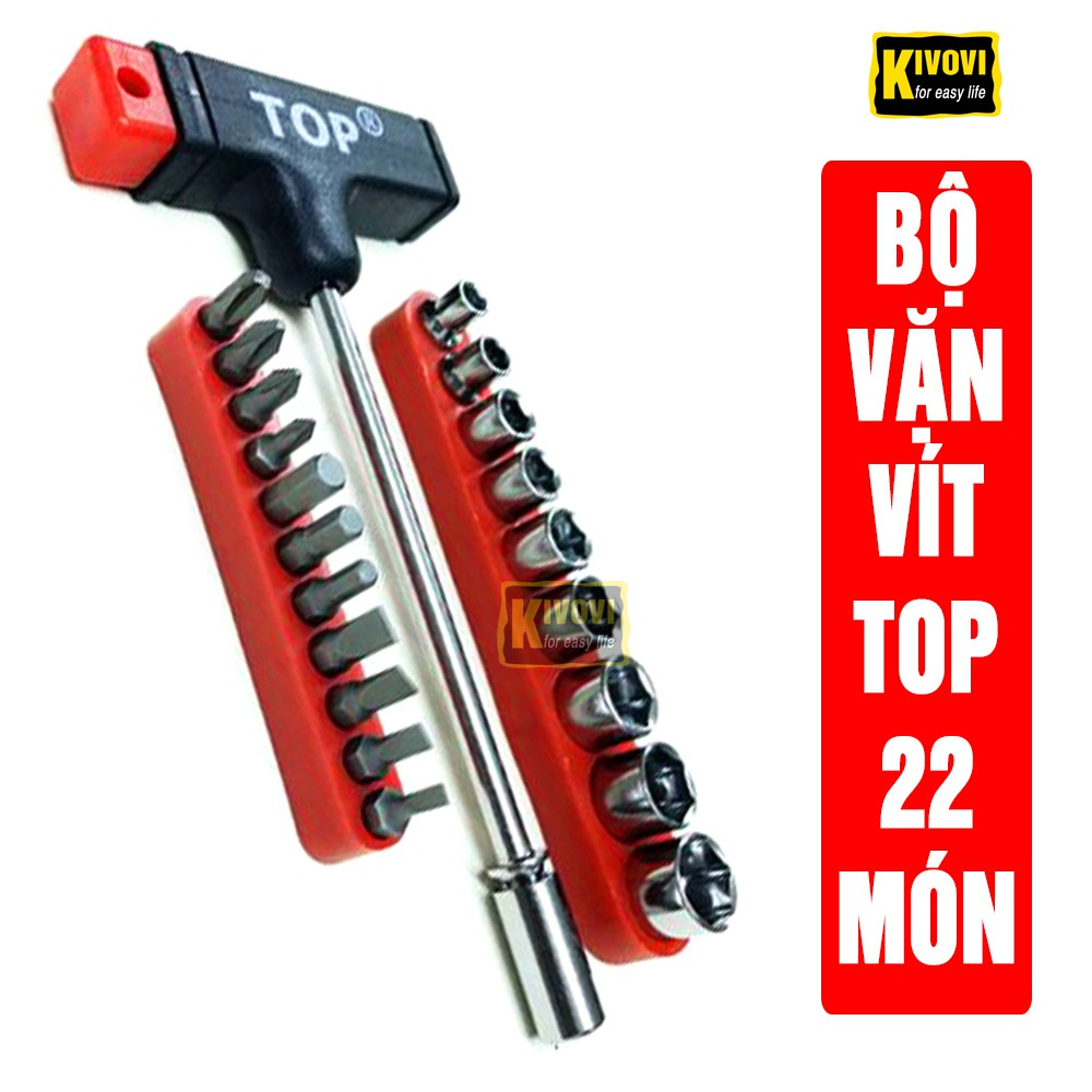 Bộ Dụng Cụ Tua Vít Tuýp Đa Năng 22 Món TOP TD-20108 - Bộ Tua Vít, Cán Vặn Chữ T, Đầu Vít Dẹt, Đầu Vít Bake, Đầu Lục Giác