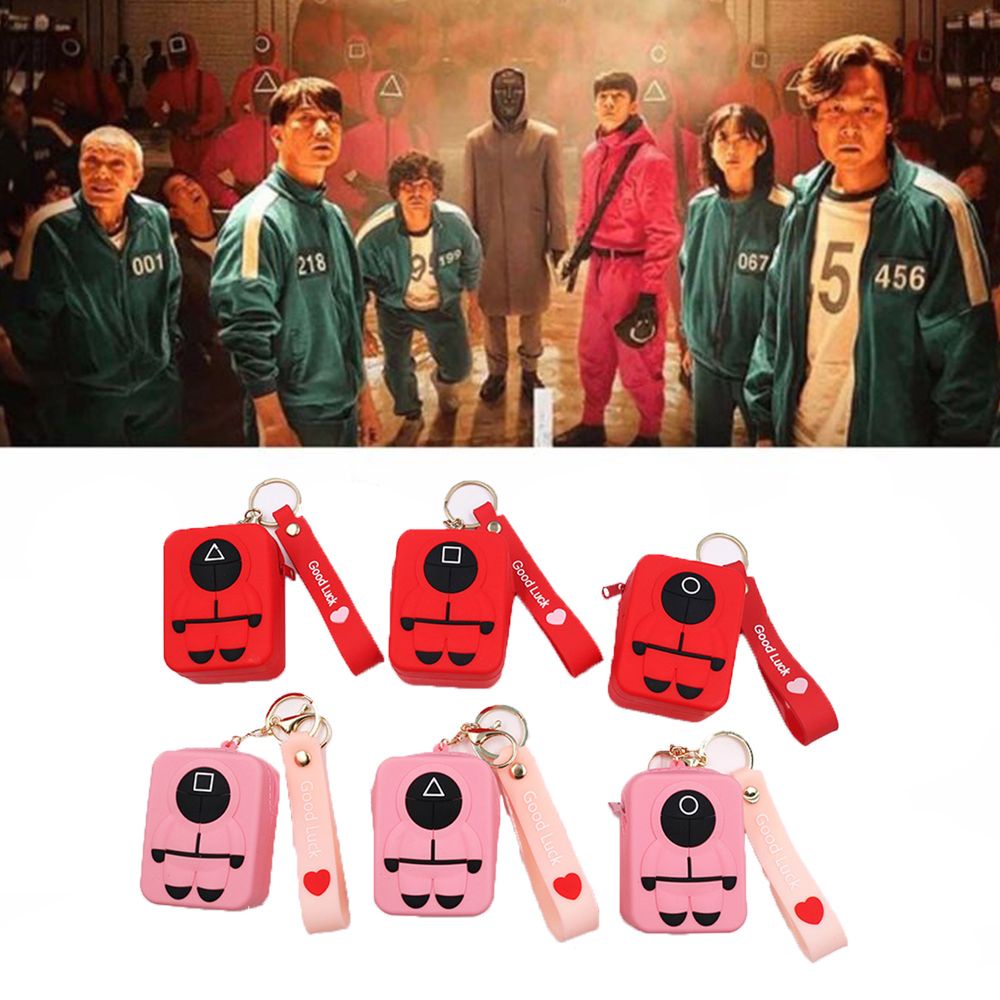 Móc khoá trang trí ví đựng tiền xu mini hình nhân vật trong phim Squid Game phối chuông hợp kim sáng tạo kiểu Hàn Quốc