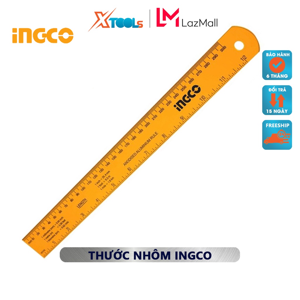 Thước nhôm INGCO HSR23002 | thước lá chiều dài 30cm chiều rộng 3cm chất liệu nhôm anodized đo độ dài, chi tiết như trục,