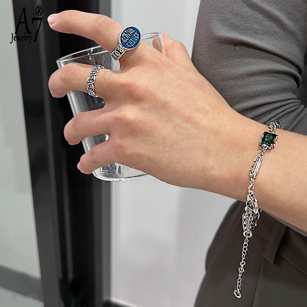 Vòng Tay Bạc Thái Lan Mặt Vuông Rỗng Đính Đá Ngọc Lục Bảo A7 Thời Trang Cho Nữ