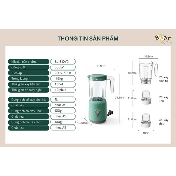 MÁY XAY ĐA NĂNG 3 CỐI XAY SINH TỐ, XAY THỊT, XAY THỰC PHẨM KHÔ BẢO HÀNH 18 THÁNG CHÍNH HÃNG BEAR BL-B10V2