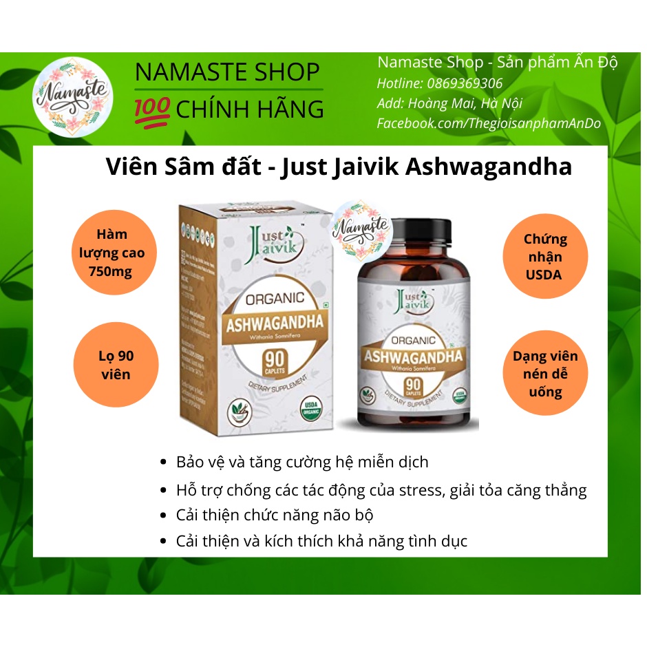 [XẢ DATE 8/2024] Sâm hữu cơ Ấn Độ 750mg - Just Jaivik Ashwagandha (Giảm stress, tăng cường sức khỏe sinh lý)