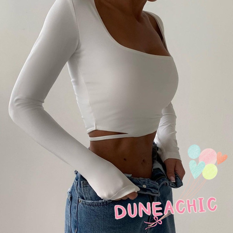 DUNEA Áo Thun Croptop Tay Dài Cổ Vuông Thời Trang Cho Nữ
