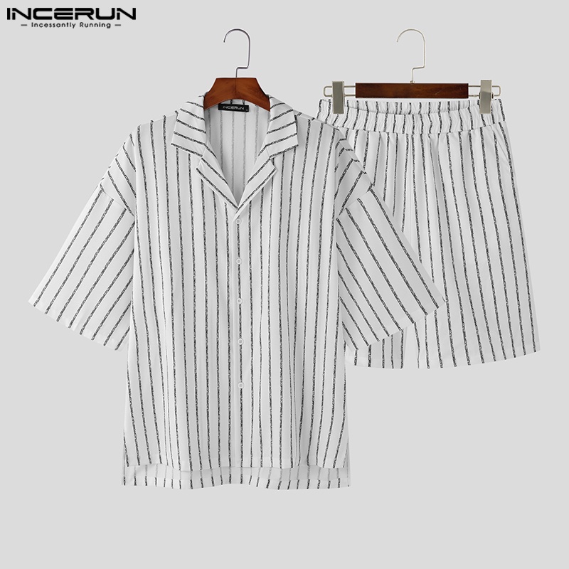 Set trang phục INCERUN với áo sơ mi kẻ sọc ngắn tay và quần ngắn lưng thun thời trang cho nam